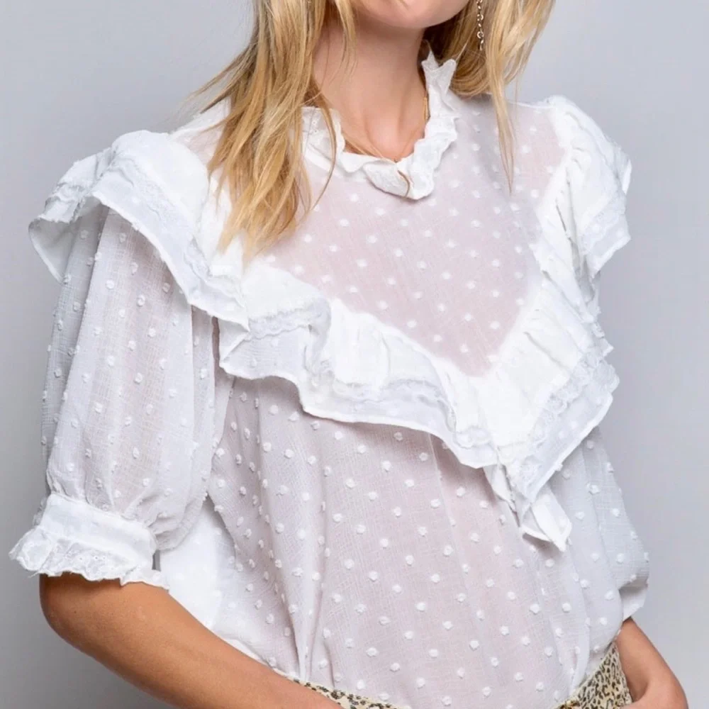 POL Swiss Dot Ruffle Mock Neck Blouse Half Sleeves Relaxed Fit - Picture 3 of 11